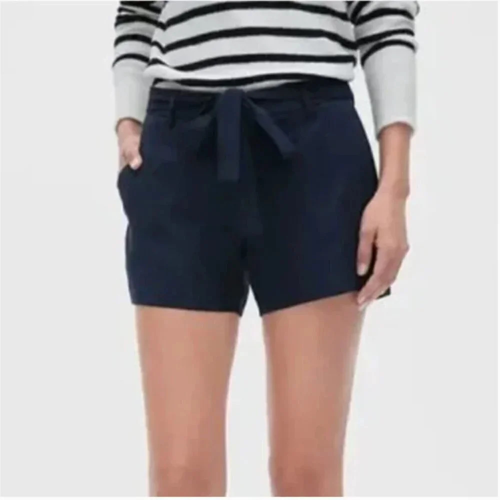 Banana Republic Midrise Tie Waist Paper Bag Shorts Navy 6 - Picture 10 of 10